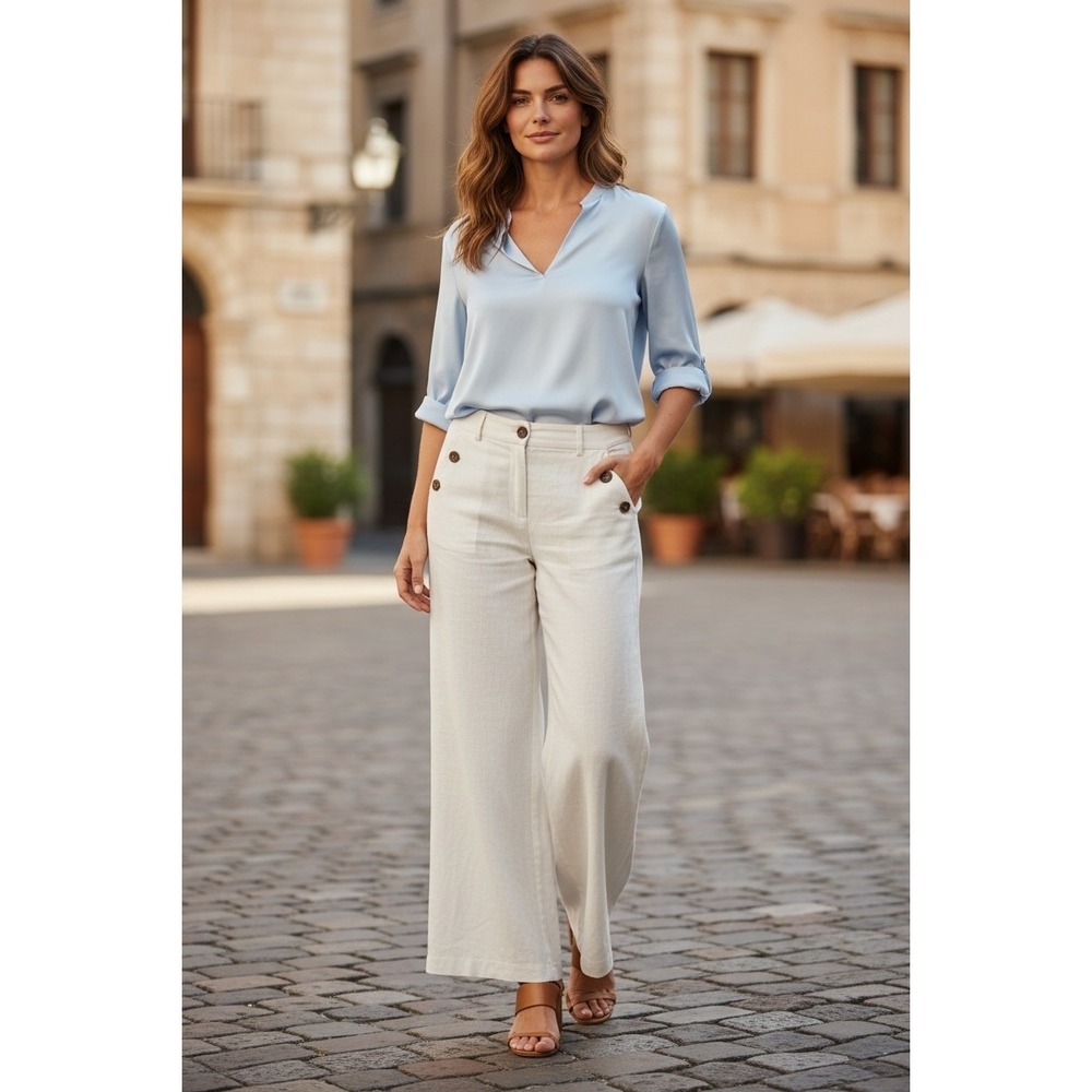 Elan White 100% Linen Wide Leg High Rise Pants Size XL